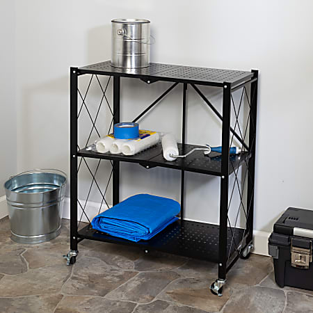 Honey Can Do Collapsible 3-Tier Metal Shelf On Wheels, 34-11/16”H x 15-3/8”W x 28”D, Black