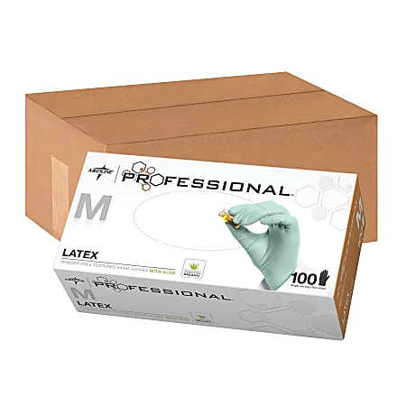 Medline Professional Powder-Free Latex Exam Gloves, Medium, Green, 100 Gloves Per Box, Case Of 10 Boxes