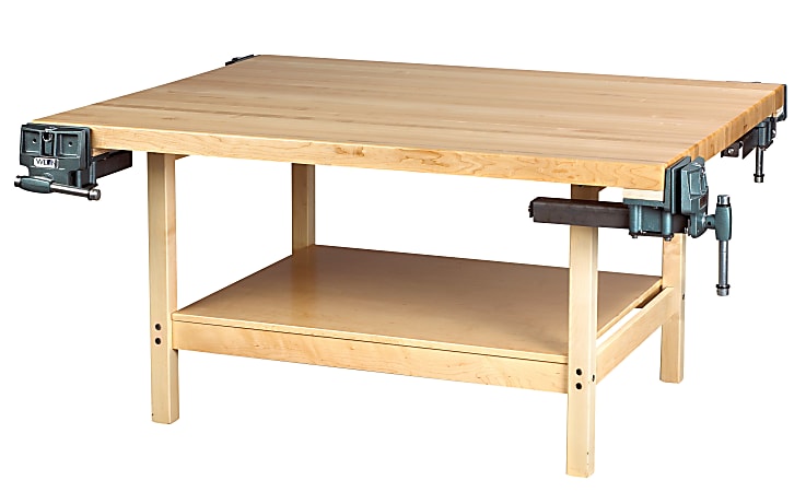 Shain Solutions Open-Style Workbench, 4 Stations With 4 Vises, 31 1/4"H x 64"W x 54"D, Maple