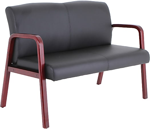 Lorell® Wood & Bonded Leather Love Seat, Black/Mahogany