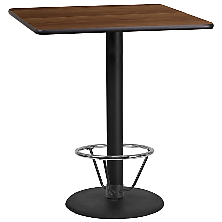 Flash Furniture Square Laminate Table Top With Round Bar Height Table Base And Foot Ring, 43-3/16”H x 36”W x 36”D, Walnut