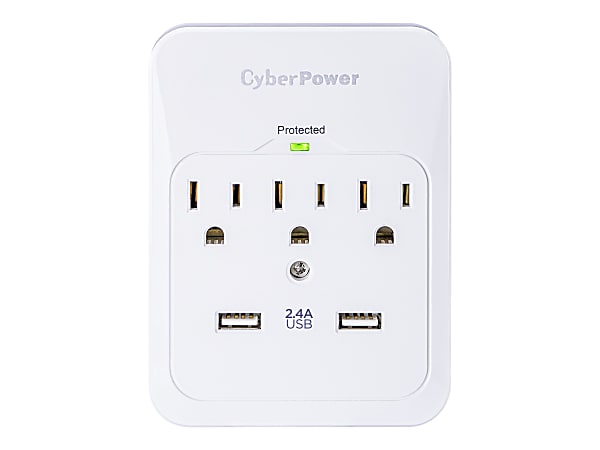 CyberPower CSP300WUR1 Professional 3 - Outlet Surge with 600 J - Clamping Voltage 800V, NEMA 5-15P, Wall Tap, 15 Amp, 2 - 2.4 Amps (Shared) USB, EMI/RFI Filtration, White, Lifetime Warranty