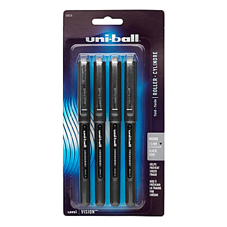 uni-ball® Vision™ Liquid Ink Rollerball Pens, Microtip Point, 0.5 mm, Black Barrel, Black Ink, Pack Of 4 Pens