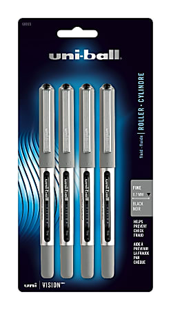 uni-ball® Vision™ Liquid Ink Rollerball Pens, Needle Point, 0.3 mm, Black Barrel, Black Ink, Pack Of 4