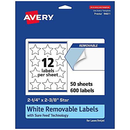 Avery® Removable Labels With Sure Feed®, 94611-RMP50, Star, 2-1/4" x 2-3/8", White, Pack Of 600 Labels