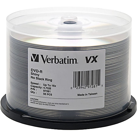 Verbatim DVD-R 4.7GB 16X VX Shiny Silver Silk Screen Printable - 50pk Spindle - 120mm - 2 Hour Maximum Recording Time