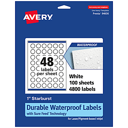 Avery® Durable Waterproof Permanent Labels With Sure Feed, Print-to-the-Edge, 94606-WMF100, Starburst, 1" x 1", White, Pack Of 4,800 Labels