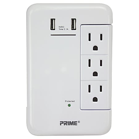 Prime 6-Outlet Wall Tap With 1,200-Joule Surge Protection And Dual USB Charger, White, PBRUSB346S