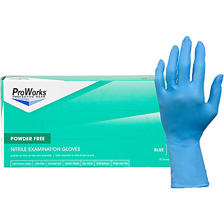 ProWorks Nitrile Powder-Free Exam Gloves, Large, Blue, 50 Gloves Per Box, Carton Of 10 Boxes