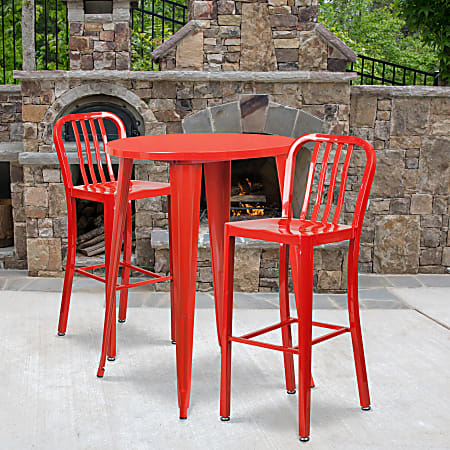 Flash Furniture Commercial-Grade Round Metal Indoor-Outdoor Bar Table Set With 2 Vertical Slat-Back Stools, 41"H x 30"W x 30"D, Red