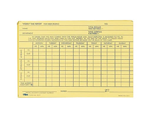 TOPS Handwritten Weekly/Overtime Time Cards - 6" x 4" Sheet Size - Buff Sheet(s) - 100 / Pack