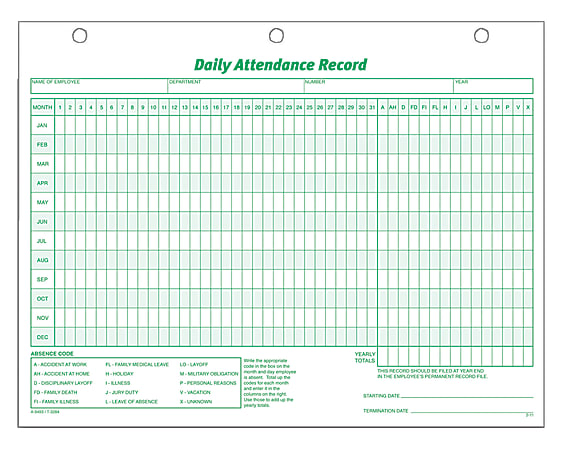 TOPS® Daily Attendance Record, 8 1/2" x 11",
