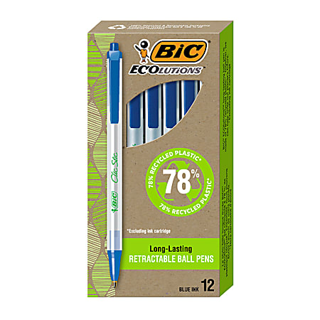 BIC® Clic Stic Retractable Ball Pens, Pack Of 12, Medium Point, Clear Barrel, Blue Ink