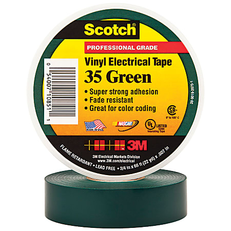 3M™ 35 Color-Coded Vinyl Electrical Tape, 1.5" Core, 0.75" x 66', Green, Pack Of 100