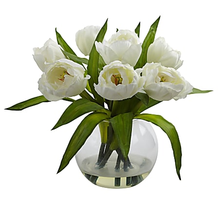 Nearly Natural Tulips 11”H Artificial Floral Arrangement With Vase, 11”H x 11-1/2”W x 10”D, White