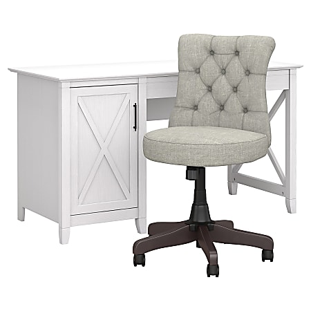 Bush Furniture Key West 54"W Computer Desk With Mid-Back Tufted Office Chair, Pure White Oak, Standard Delivery
