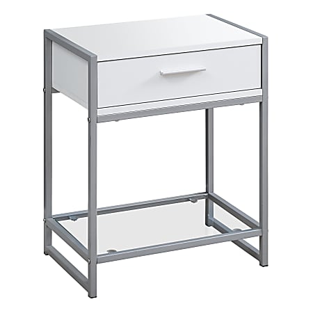 Monarch Specialties Side Accent Table With Glass Shelf, Rectangular, White/Silver