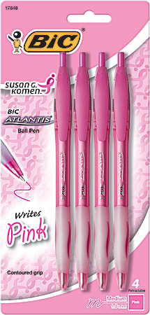 BIC® Atlantis™ Retractable Ballpoint Pens, Medium Point, 1.0 mm, Pink Barrel, Pink Ink, Pack Of 4