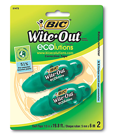 BIC Wite-Out Correction Tape - 0.20" Width x 19.80 ft Length - 1 Line(s) - White TapeWhite Dispenser - Flexible Tip, Non-refillable - 2 / Pack - White