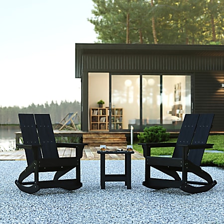Flash Furniture Finn 3-Piece Modern Commercial Grade All-Weather Adirondack Rocking Chair Set, Black