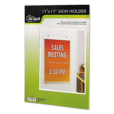 Nu-Dell Vertical Wall Sign Holder - 1 Each - 11" Width x 17" Height - Rectangular Shape - Pre-drilled - Acrylic - Clear