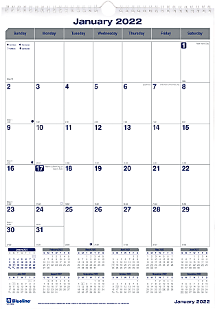 Blueline® Net Zero Carbon Wall Calendar, 12" x 17", 50% Recycled, January To December 2022, C171303