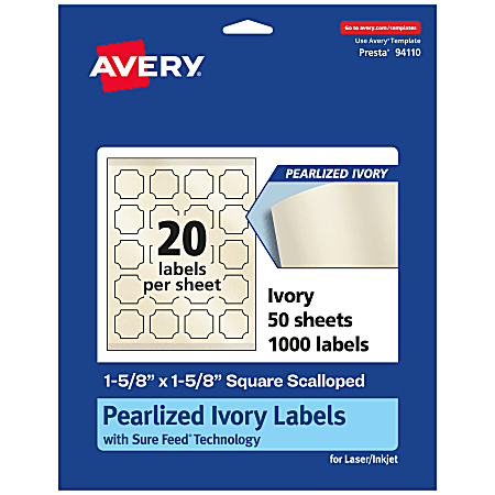 Avery® Pearlized Permanent Labels With Sure Feed®, 94110-PIP50, Square Scalloped, 1-5/8" x 1-5/8", Ivory, Pack Of 1,000 Labels