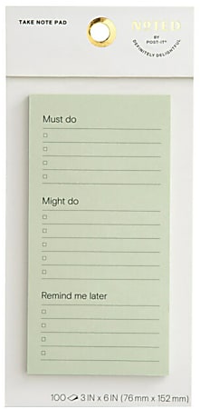 Noted by Post-it, "Must Do", "Might Do" and "Remind Me Later" Notes, 2.9 in. x 5.7 in., Light Green, 100 Sheets/Pad