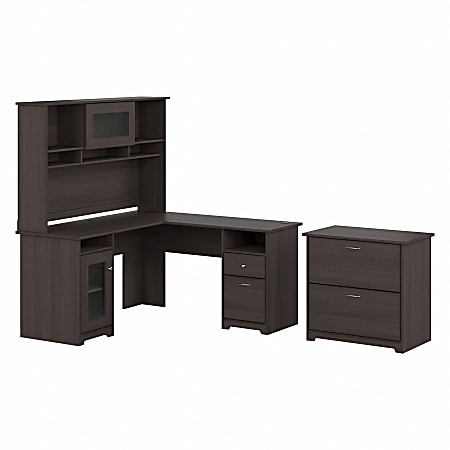 Bush Business Furniture Cabot 60"W L-Shaped Corner Desk With Hutch And Lateral File Cabinet, Heather Gray, Standard Delivery