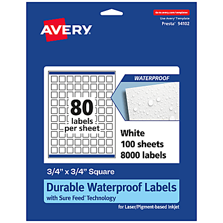 Avery® Waterproof Permanent Labels With Sure Feed®, 94102-WMF100, Square, 3/4" x 3/4", White, Pack Of 8,000