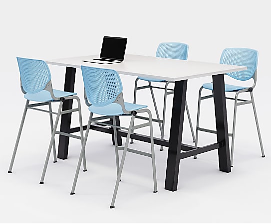 KFI Studios Midtown Bistro Table With 4 Stacking Chairs, 41"H x 36"W x 72"D, Designer White/Sky Blue