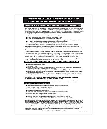 ComplyRight™ State Specialty Poster, Temporary Workers Right To Know Law, Spanish, Massachusetts, 8 1/2" x 11"