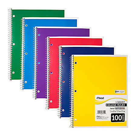 Mead® Spiral® Notebook, 8" x 11", 1 Subject, College Ruled, 200 Pages (100 Sheets), Assorted Colors