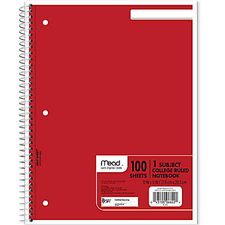 Mead® Spiral® Notebook, 8" x 11", 1 Subject, College Ruled, 200 Pages (100 Sheets), Assorted Colors
