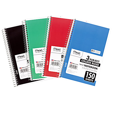 Mead® Wirebound Notebook, 6" x 9 1/2", 3 Subject, College Ruled, 300 Pages (150 Sheets), Assorted Colors