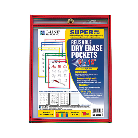 C-Line Reusable Dry Erase Pockets - Study Aid, Black, 12 x 9