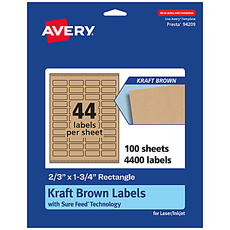 Avery® Kraft Permanent Labels With Sure Feed®, 94209-KMP100, Rectangle, 2/3" x 1-3/4", Brown, Pack Of 4,400