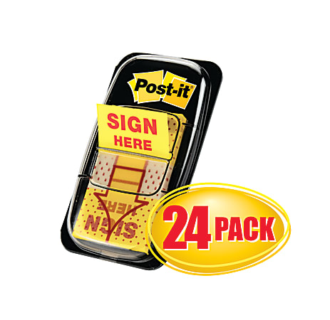 Post-it® Message Flags, "Sign Here", 1" x 1-11/16", Yellow, 50 Flags Per Pad, Pack Of 24 Pads