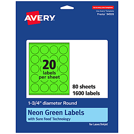 Avery® Print-To-The-Edge Labels With Sure Feed® Technology, 94509-NGP80, Round, 1-3/4", Matte Neon Green, Pack of 1600