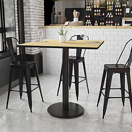 Flash Furniture Laminate Square Table Top With Round Bar-Height Base, 43-1/8"H x 42"W x 42"D, Natural/Black