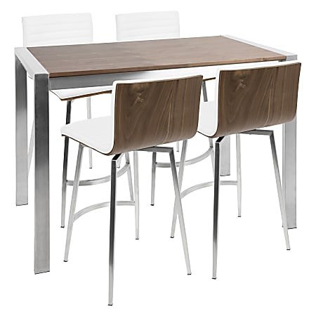 Lumisource Mason Contemporary Counter Table With 4 Counter Stools, Stainless Steel/Walnut/White