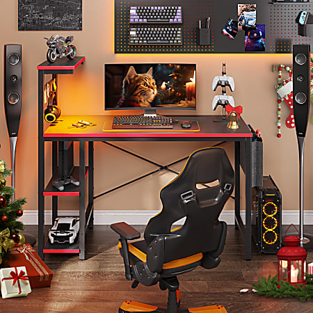 Bestier RGB Gaming Desk With Storage Shelf Side Pocket 45 W Black Carbon Fiber Office Depot