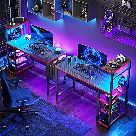 Bestier RGB Gaming Desk With Storage Shelf Side Pocket 45 W Black Carbon Fiber Office Depot