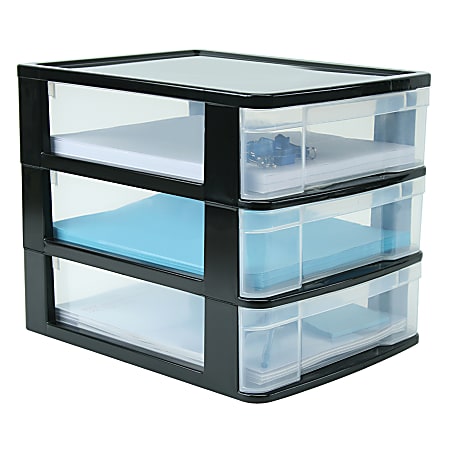 Office Depot® Brand Plastic 3-Drawer Table Storage Chest, 10 1/2" x 10" x 12 11/16", Clear/Black Frame