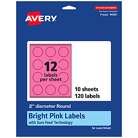 Avery® Print-To-The-Edge Labels With Sure Feed® Technology And Easy Peel® Label Feature, 94501-BPP10, Round, 2", Matte Bright Pink, Pack of 120