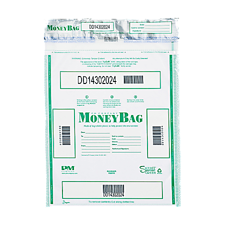 PM® Company Tamper-Evident Money Bags, 12" x 16", Clear, Pack Of 100