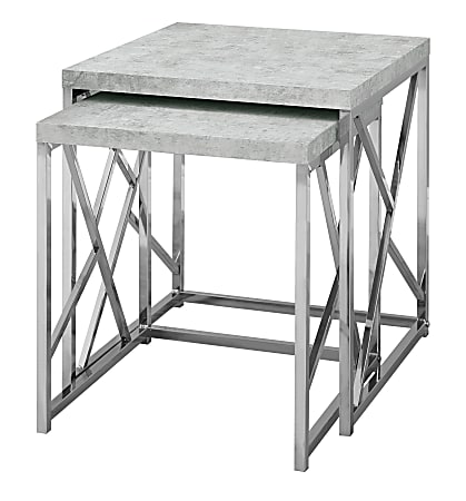 Monarch Specialties Lauren Nesting Tables, 21-1/4"H x 19-3/4"W x 19-3/4"D, Gray Cement/Chrome, Set Of 2 Tables
