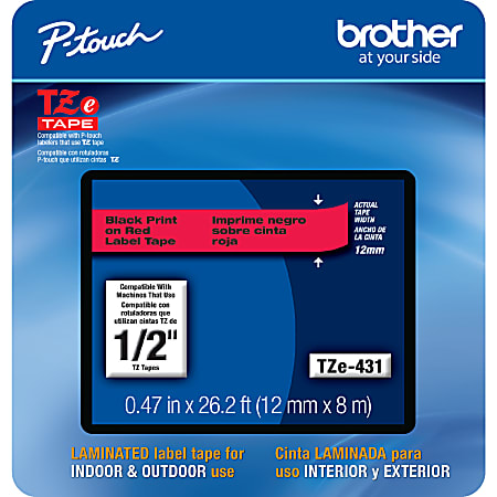 Brother® TZE431CS Genuine P-Touch Laminated Label Tape, 1/2" x 26-1/4', Black/Red