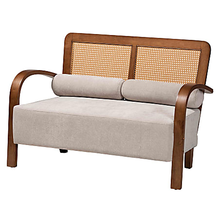 Baxton Studio Sage Japandi Loveseat With Woven Rattan, 32-3/4”H x 48”W x 28-15/16”D, Light Gray/Walnut Brown