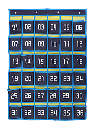 Office Depot® Brand Hanging 36-Pocket Cell Phone Storage Classroom Organizer, 37-13/16” x 26-7/16”, Blue/Yellow